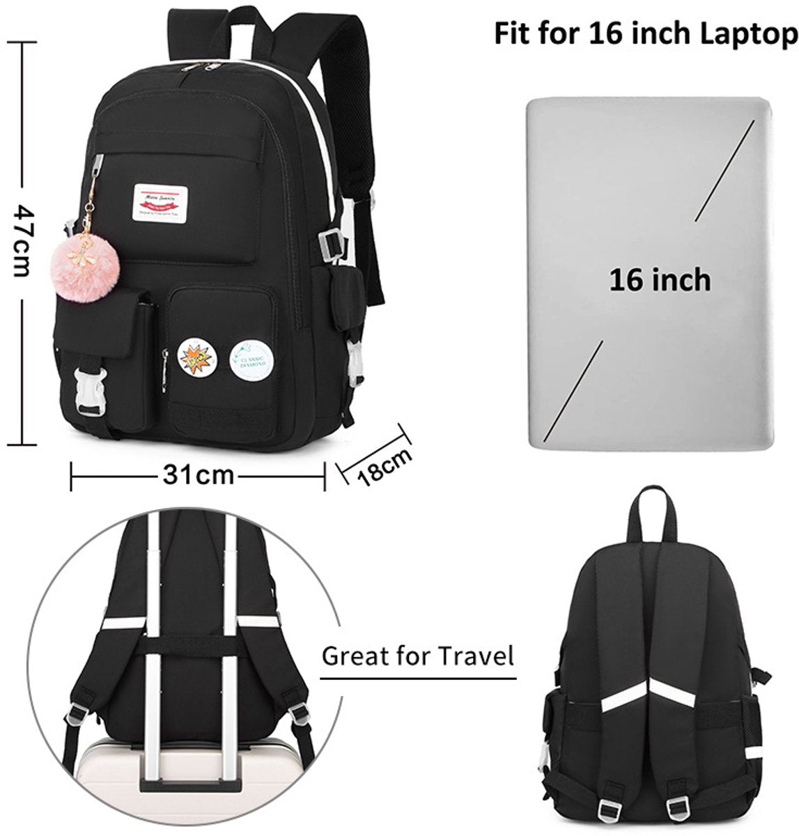 Backpack - School Bag - Backpack - Girl Backpack - School Backpack - School Bag - Laptop Backpack - 30 Liters - BlackA