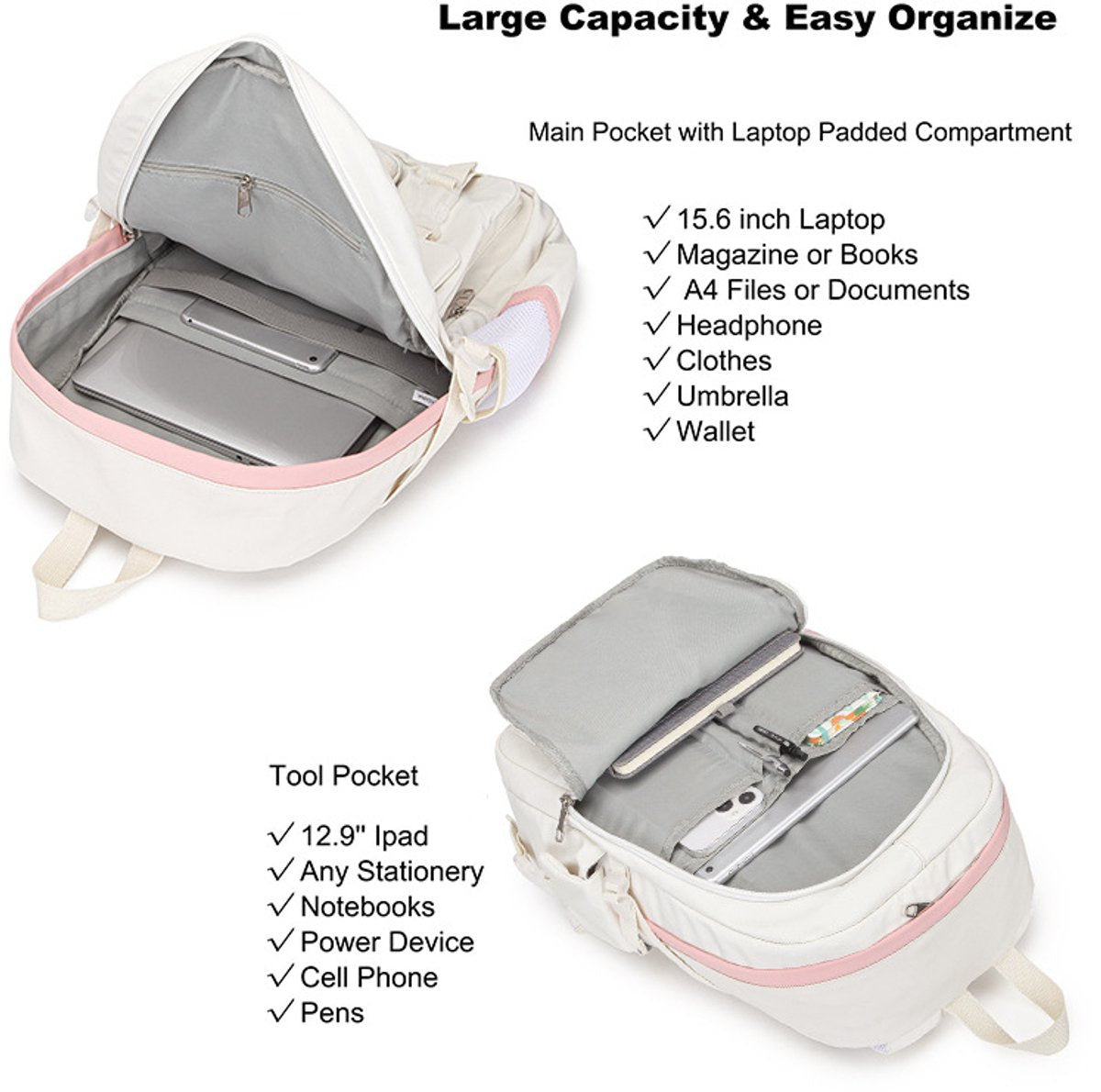 Backpack - School Bag - Backpack - Girl Backpack - School Backpack - School Bag - Laptop Backpack - 30 Liters - WhiteB