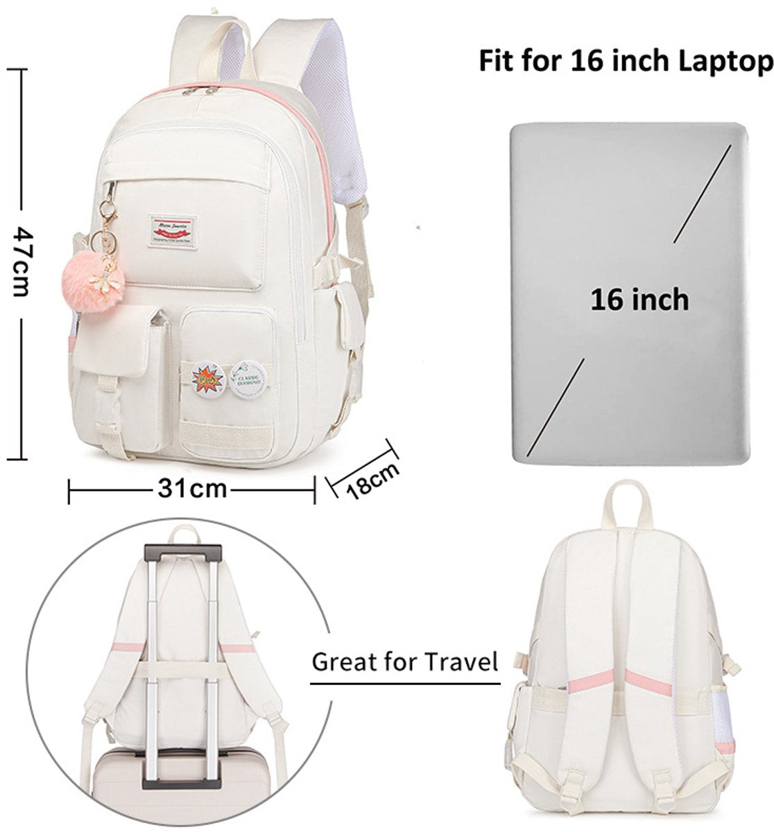 Backpack - School Bag - Backpack - Girl Backpack - School Backpack - School Bag - Laptop Backpack - 30 Liters - WhiteB