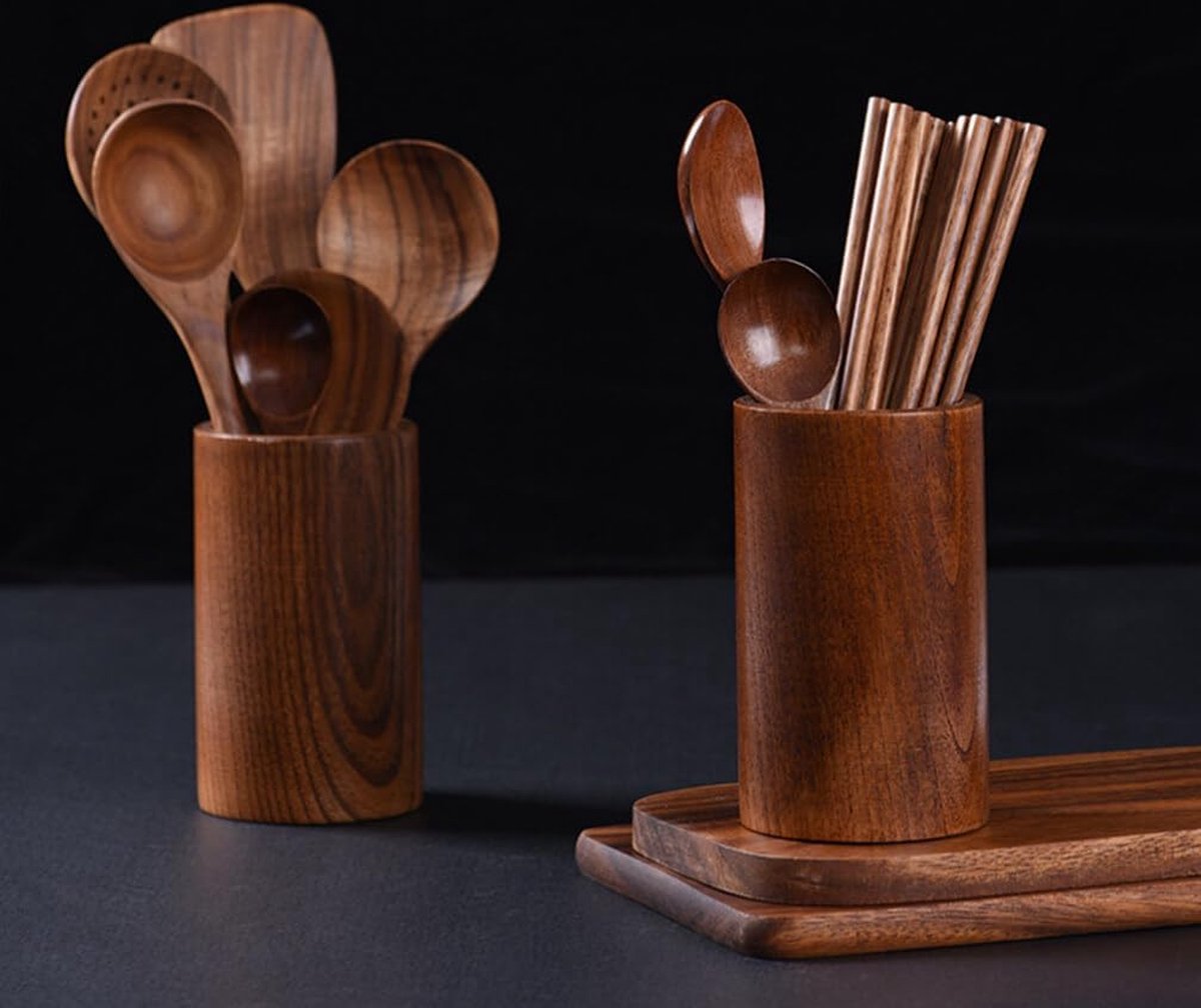 Cutlery Stand - Wooden Kitchen Utensil Holder - Cutlery Holder - Countertop Organizer - Cutlery Drainer - Chopstick Holder - Wood - 15cm - Kitchen Aid for Kitchen - Kitchen Organizer