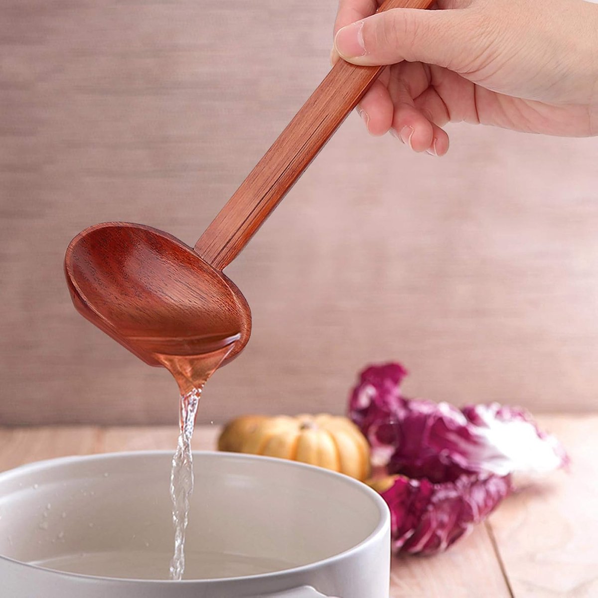 Soup Spoon - 4 Pieces - Stirring Spoon - Wood - With Long Handle - Ladle - Cooking Spoon - Serving Spoon - Bouillon Spoons - Kitchen Accessories - Cooking Utensils - For Soups, Ramen and Hotpot - Suitable for Restaurants and Homes - 22×7cm - Brown