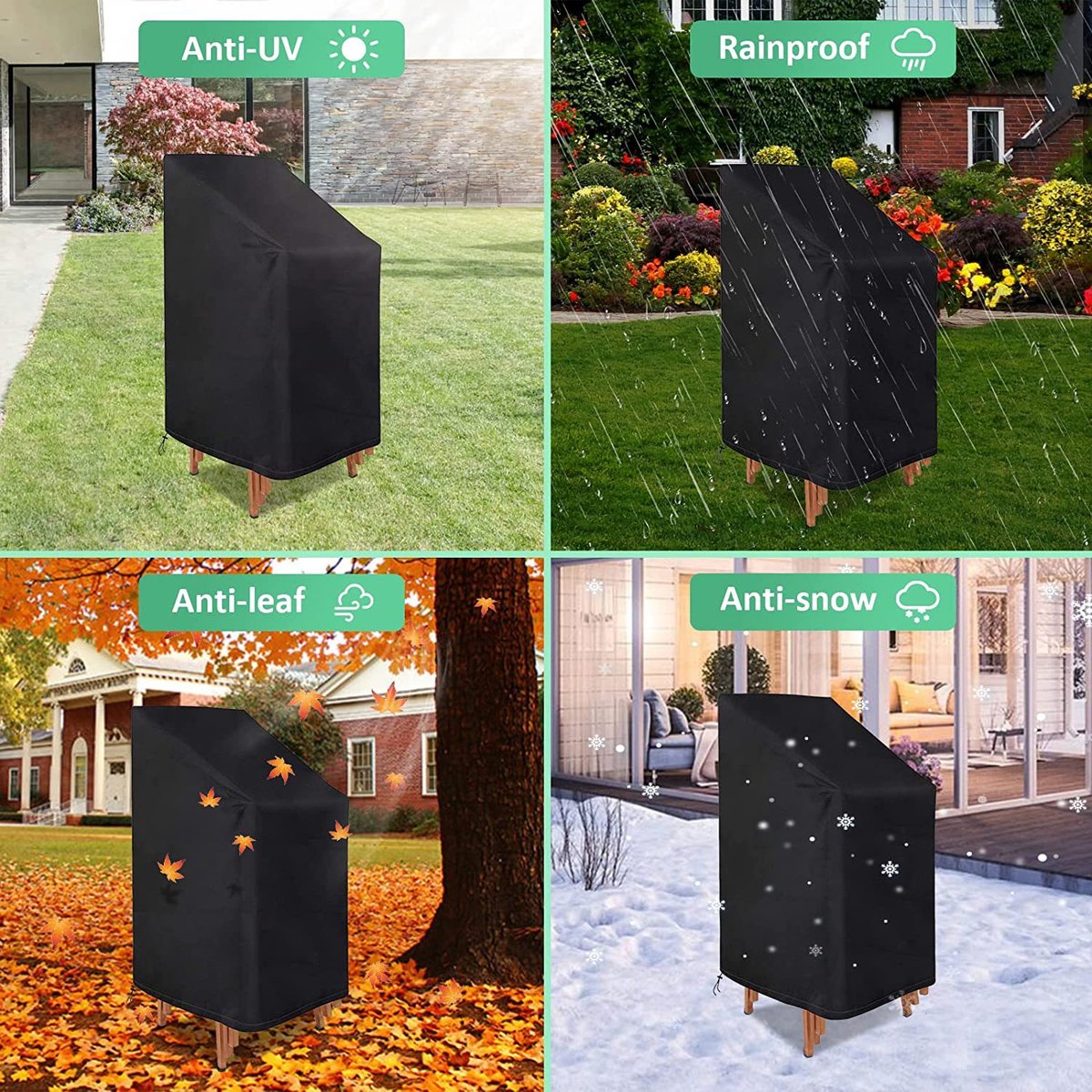 Waterproof garden chair covers - Pack of 2 - Garden furniture cover - Waterproof, weatherproof outdoor chair cover - 210D Oxford - Outdoor chair cover - Patio stacking chair cover - Black stacking chair cover - 75 x 75 x 120 cm - Black