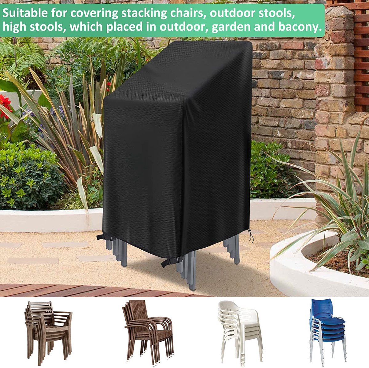 Waterproof garden chair covers - Pack of 2 - Garden furniture cover - Waterproof, weatherproof outdoor chair cover - 210D Oxford - Outdoor chair cover - Patio stacking chair cover - Black stacking chair cover - 75 x 75 x 120 cm - Black