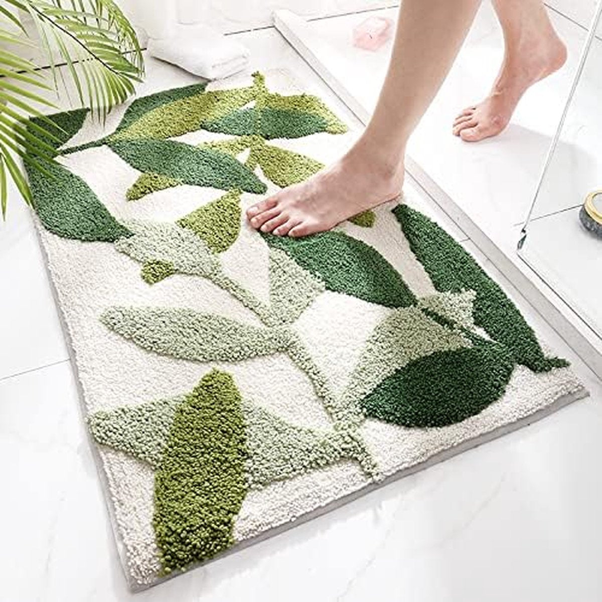 Non-slip bath mat - Non-slip bath mat - 50x80cm - durable water-absorbent bathroom rug - machine washable - soft and comfortable doormat - green leaves - Non-slip - Doormat