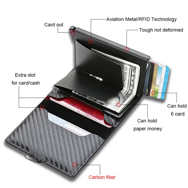 Carbon Fiber Credit Card Holder RFID Slim Wallet Compatible withSamsung Minimalist Thin Pop Up Metal Wallet Small Black Bronze