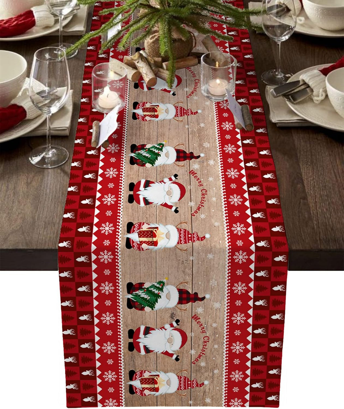 Christmas Table Runner 46x183 cm Red Checkered Santa Rustic for Christmas Birthday Parties Kitchen Dining Tables Home Decor