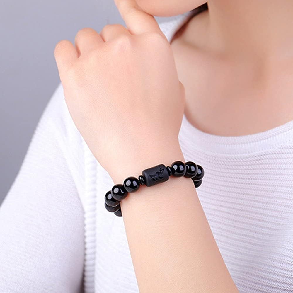 Natural Obsidian Stone Bead Bracelet Couple Men 10mm and Women 8mm Dragon and Phoenix Totem Jewelry (Phoenix)