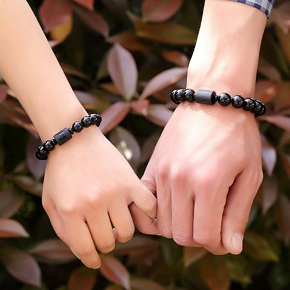 Natural Obsidian Stone Bead Bracelet Couple Men 10mm and Women 8mm Dragon and Phoenix Totem Jewelry (Phoenix)