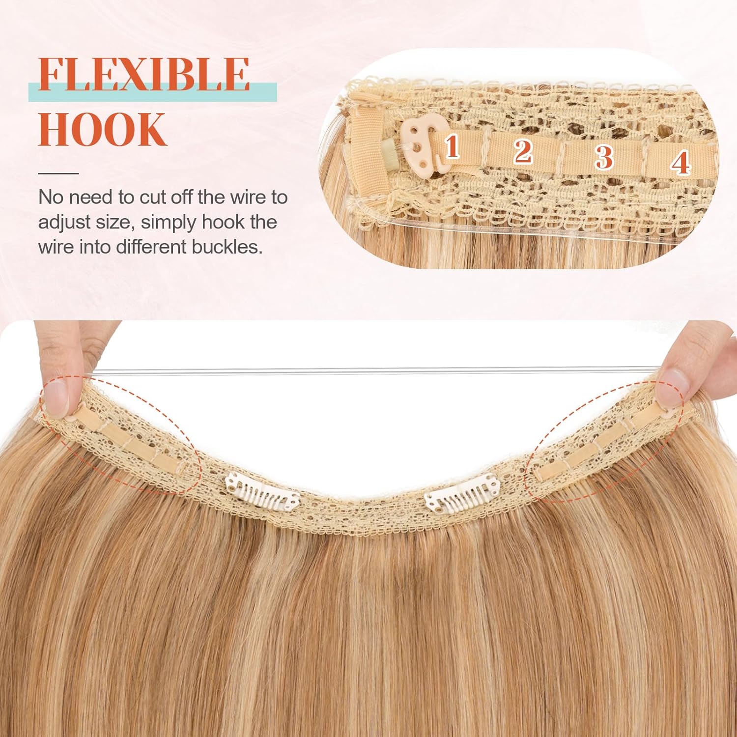 Halo Hair Extensions Real Human Hair 16 Inch Halo Extensions for Women 100% Human Hair Invisible Wire Hair Extensions Golden Brown Hightlights Bleach Blonde #12P613