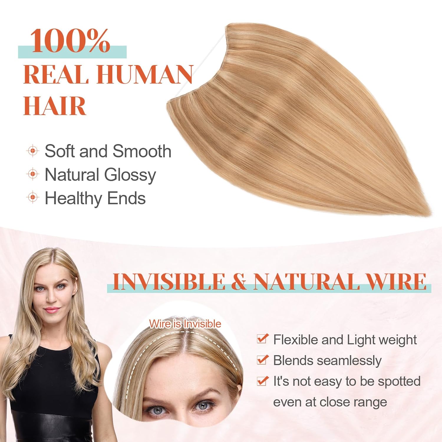 Halo Hair Extensions Real Human Hair 16 Inch Halo Extensions for Women 100% Human Hair Invisible Wire Hair Extensions Golden Brown Hightlights Bleach Blonde #12P613