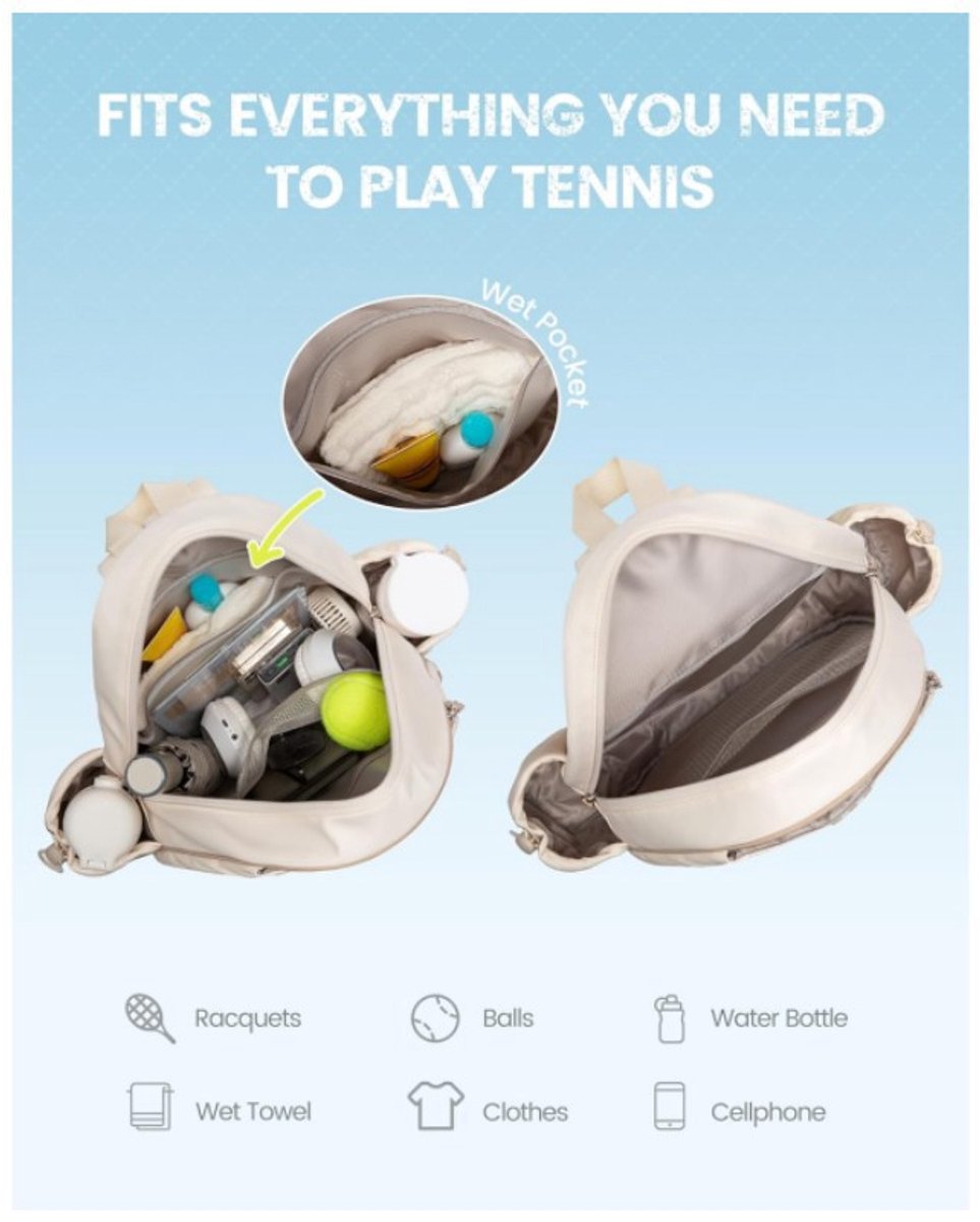 Backpack - Sports Bag - Tennis Bag - Shoulder Bag - Lightweight - Multifunctional - Women's Sports Bag - Men's Sports Bag - Suitable for carrying tennis rackets, tennis balls and badminton shuttlecocks - Large Capacity - Beige