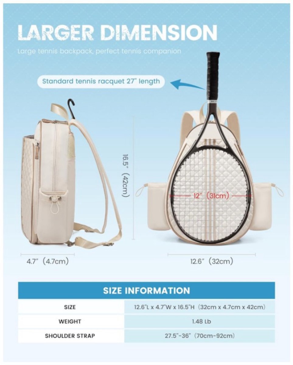 Backpack - Sports Bag - Tennis Bag - Shoulder Bag - Lightweight - Multifunctional - Women's Sports Bag - Men's Sports Bag - Suitable for carrying tennis rackets, tennis balls and badminton shuttlecocks - Large Capacity - Beige
