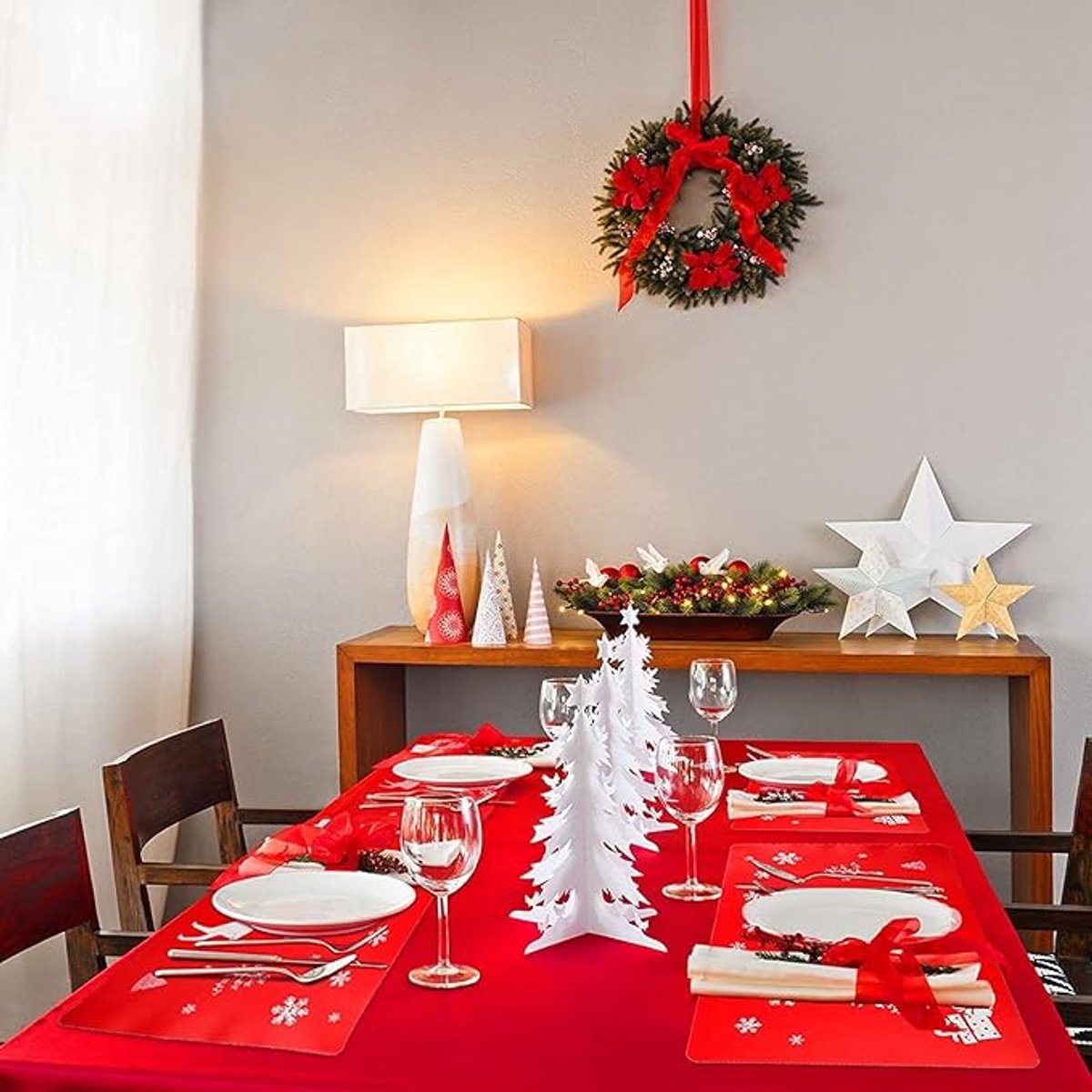 Placemats - Set of 12 - Christmas placemats - including coasters, Christmas placemats - heat-resistant and waterproof - suitable for Christmas parties and table decorations (Red)