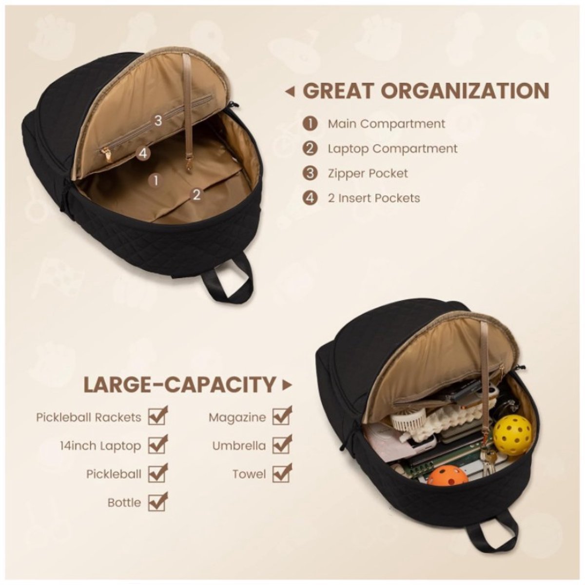 Backpack - Tennis Shoulder Crossbody Bag - Sports Bag - Waterproof Racket Bag - Suitable for Pickles and Badminton - Black