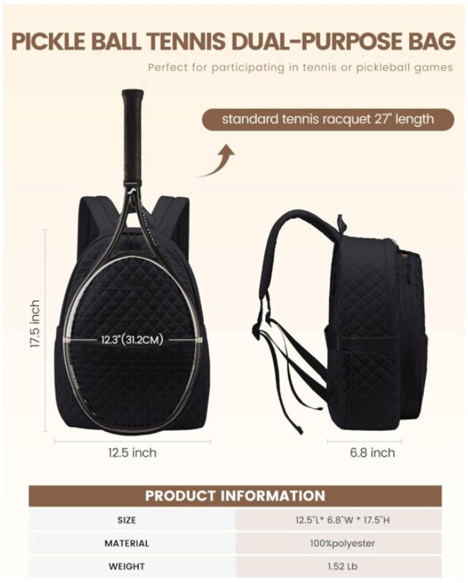 Backpack - Tennis Shoulder Crossbody Bag - Sports Bag - Waterproof Racket Bag - Suitable for Pickles and Badminton - Black