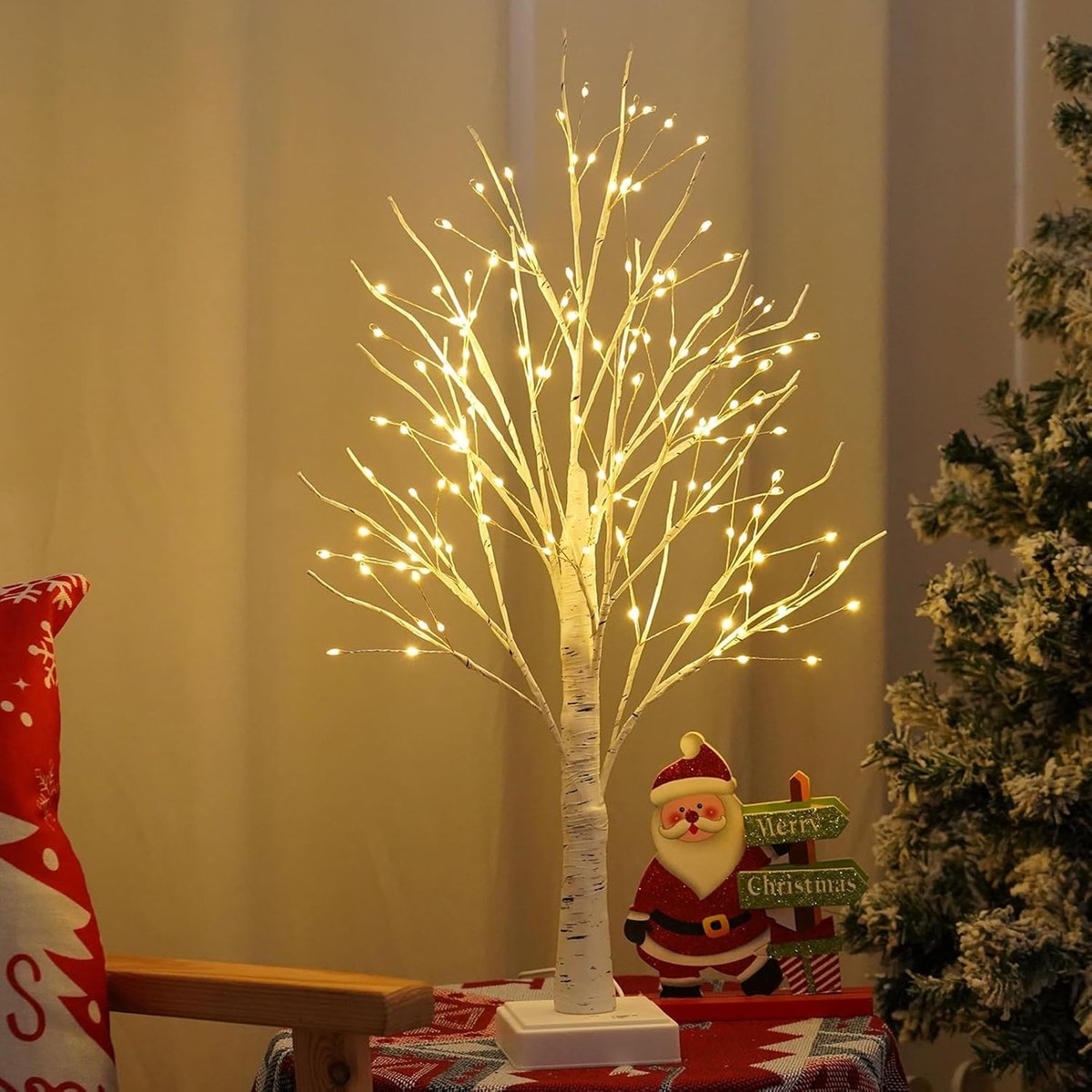 LED Lighting - Christmas Tree with LED Lighting - 60cm Birch Wood Christmas Decoration - Bright and Warm White Tree Lights - Suitable for Indoor Christmas Decorations - Thanksgiving/Christmas Decorations Indoors