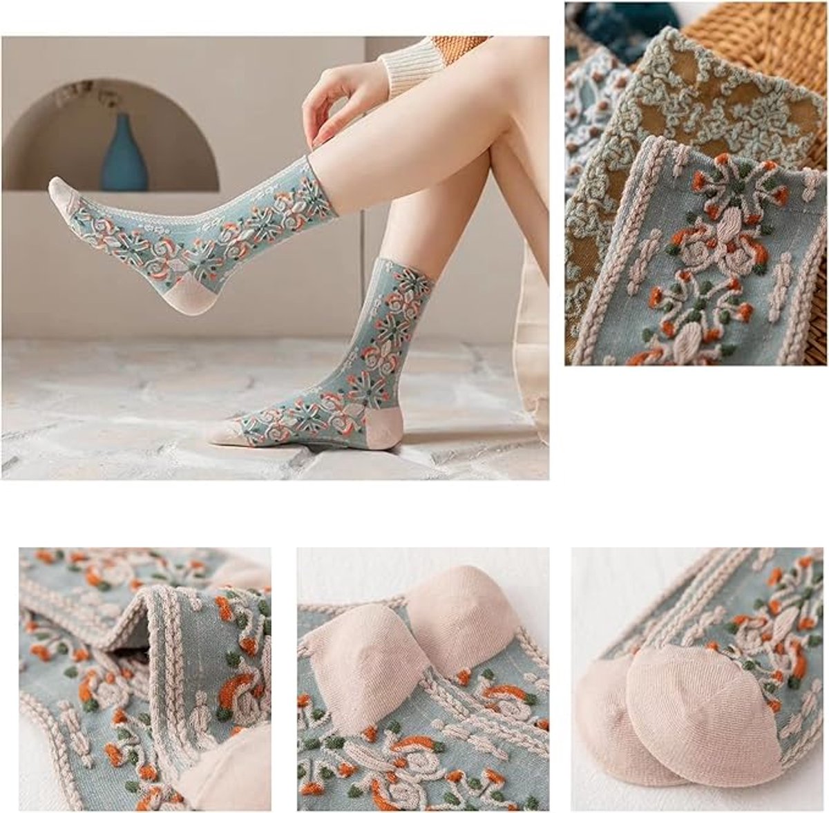 5 pairs of cotton socks for women - retro floral pattern - warm socks - lounge socks - autumn and winter socks - socks with 3D relief design