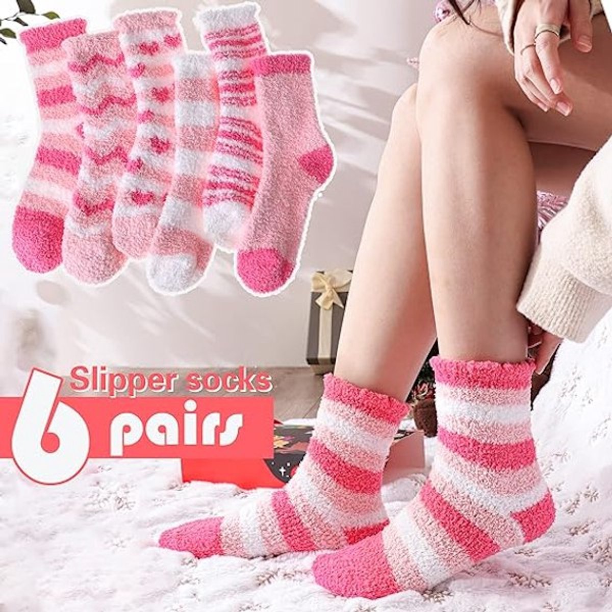 Socks - Women's lounge socks (6 pairs) - Women's fluffy socks - Floor socks - Women's fleece socks - Comfortable winter socks - Thick pink