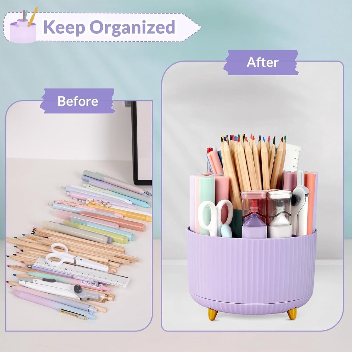 Storage Box - Rotating purple organizer for pens and art supplies - Storage box with compartments - Rotatable - Suitable for offices, schools and homes