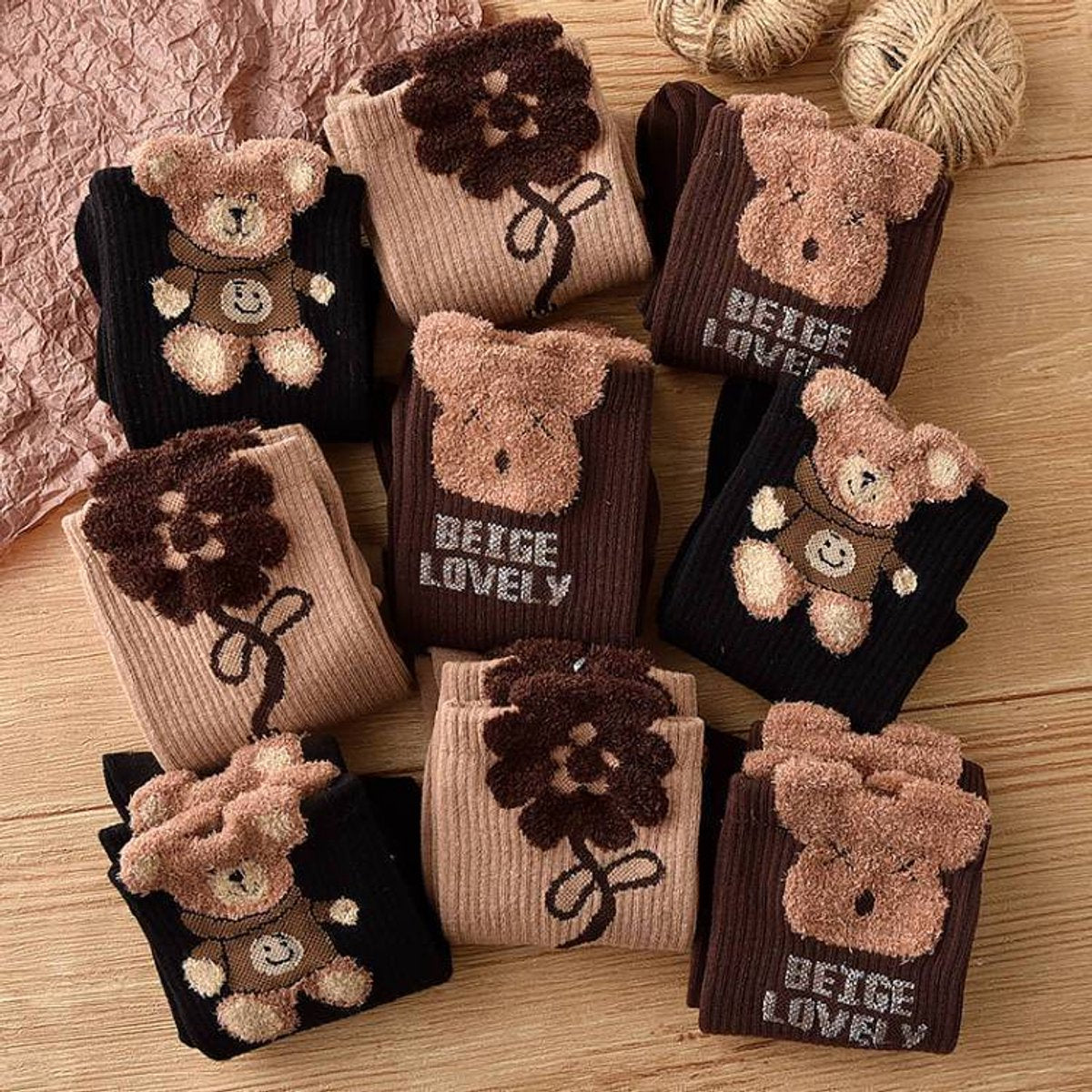 Socks 3-pack - House socks - fluffy socks - Casual socks - Indoor & Outdoor Wearable - Soft & Warm - socks men - socks women - Unisex Women - Size 36 to 42 - Light brown flowers