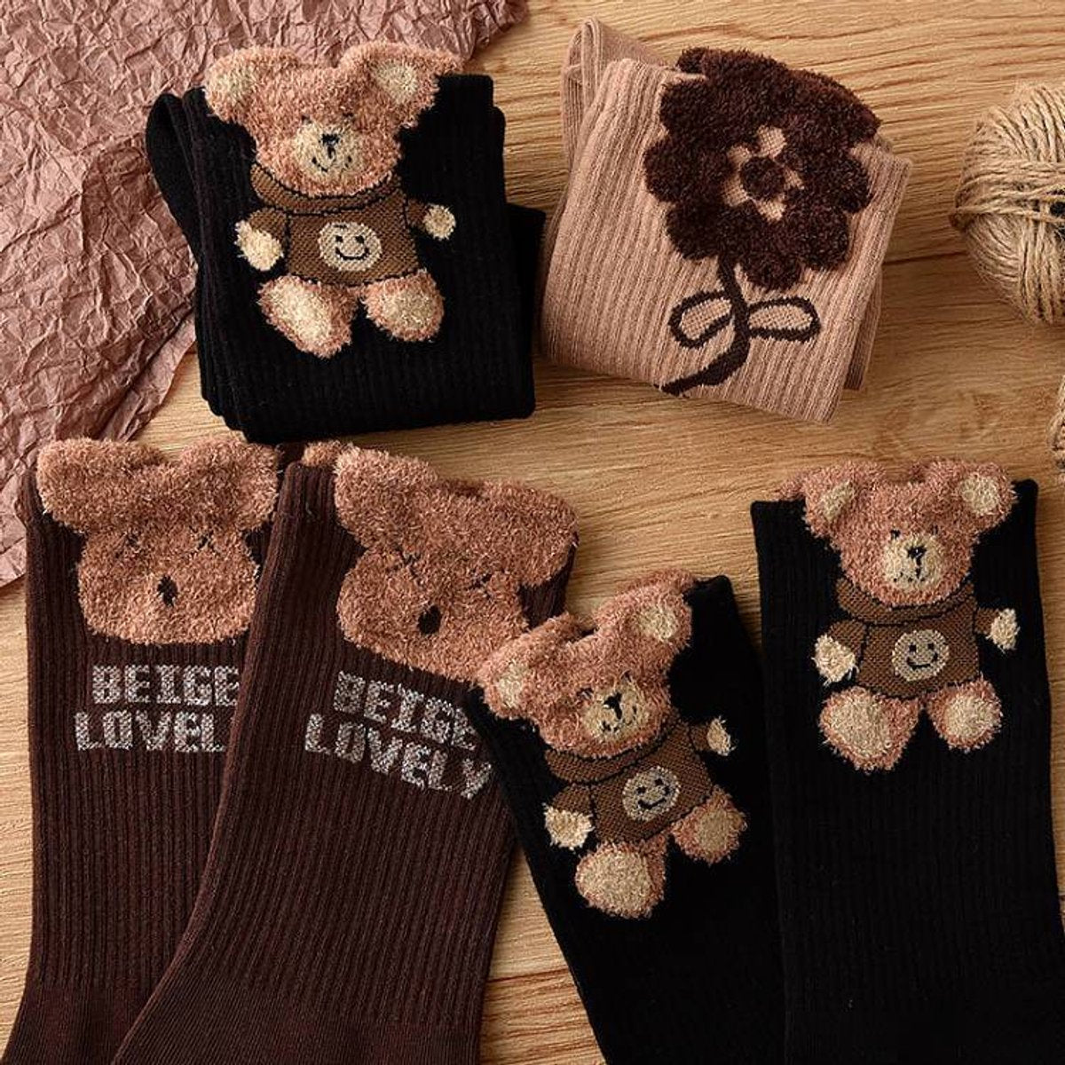 Socks 3-pack - House socks - fluffy socks - Casual socks - Indoor & Outdoor Wearable - Soft & Warm - socks men - socks women - Unisex Women - Size 36 to 42 - Light brown flowers