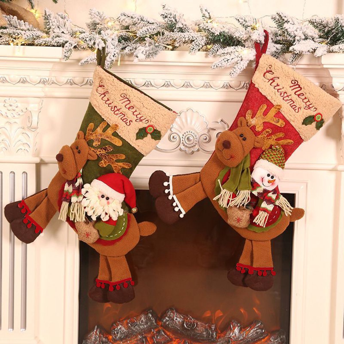 Gift Bags - 23 Inch Christmas Stockings - Santa and Reindeer Pattern - Extra Soft Plush Cuff - Classic Christmas Stocking Decoration - Perfect for Family Holiday Decor（A）