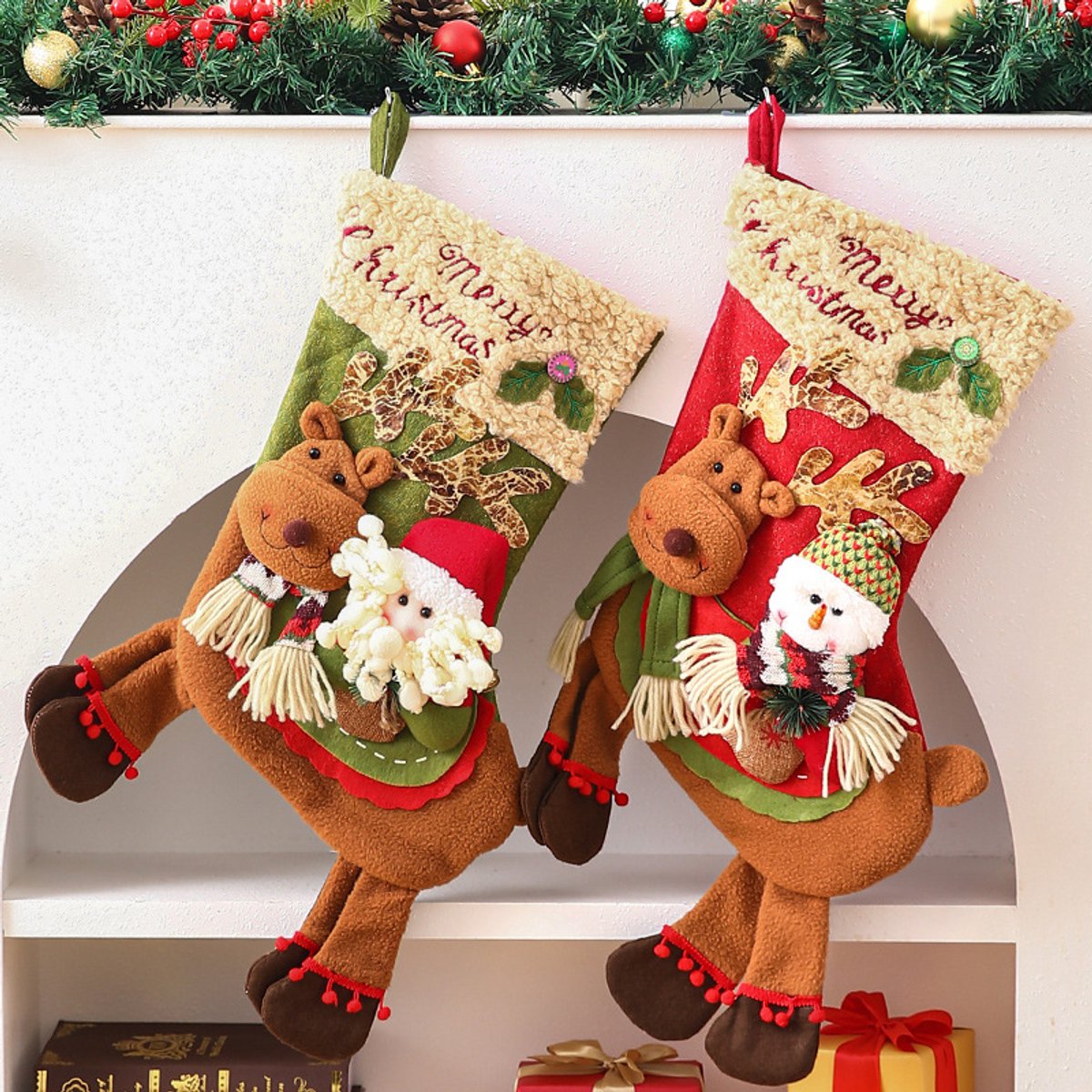 Gift Bags - 23 Inch Christmas Stockings - Santa and Reindeer Pattern - Extra Soft Plush Cuff - Classic Christmas Stocking Decoration - Perfect for Family Holiday Decor（A）