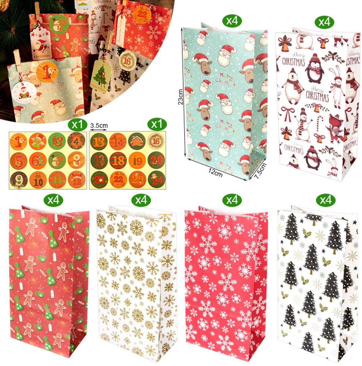 Christmas wrapping paper - 24 pieces - Christmas gift bags, Christmas stickers, Advent calendars, paper bags and wrapping bags - Christmas gift bags - Christmas candy bags
