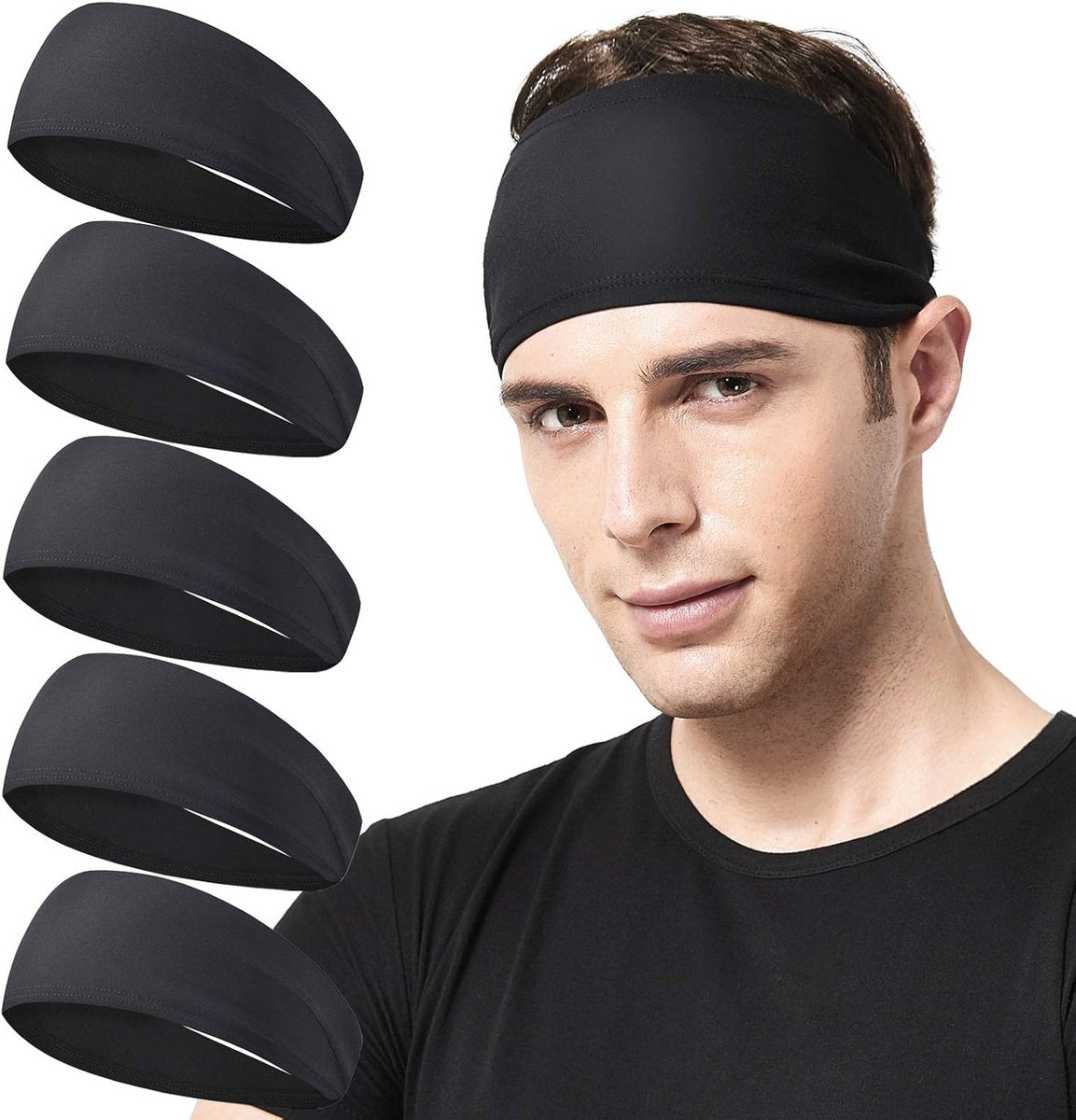 5-Pack Running Headbands for Men - Sports Headbands for Men, Sweat-Wicking - Suitable for Running, Cycling, Basketball, Yoga and Fitness Training - Elastic Unisex Headbands