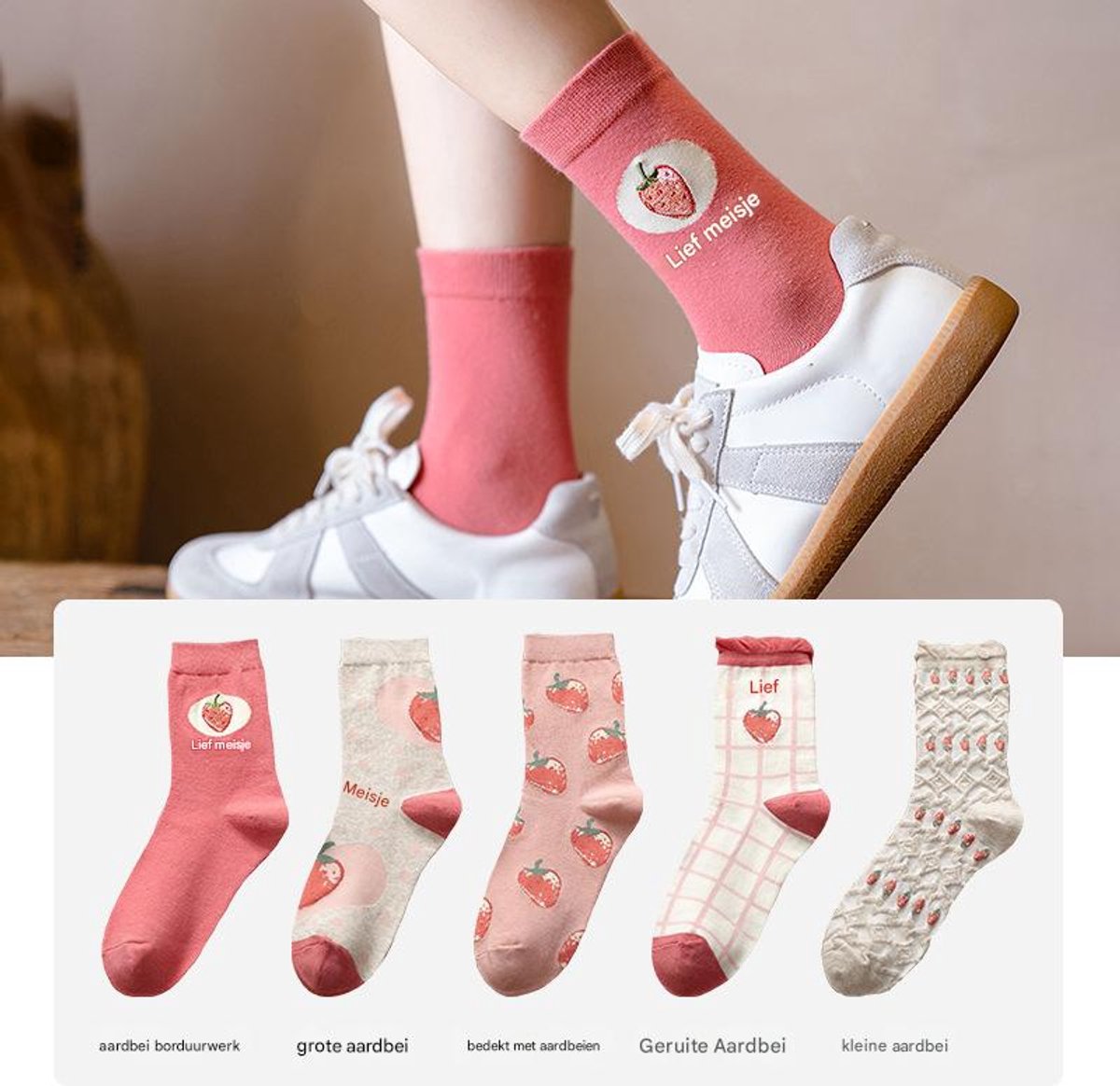 5 pairs of socks - Women's autumn and winter socks - Women's strawberry socks - Fashion socks with round neck - Princess socks - Preppy style socks