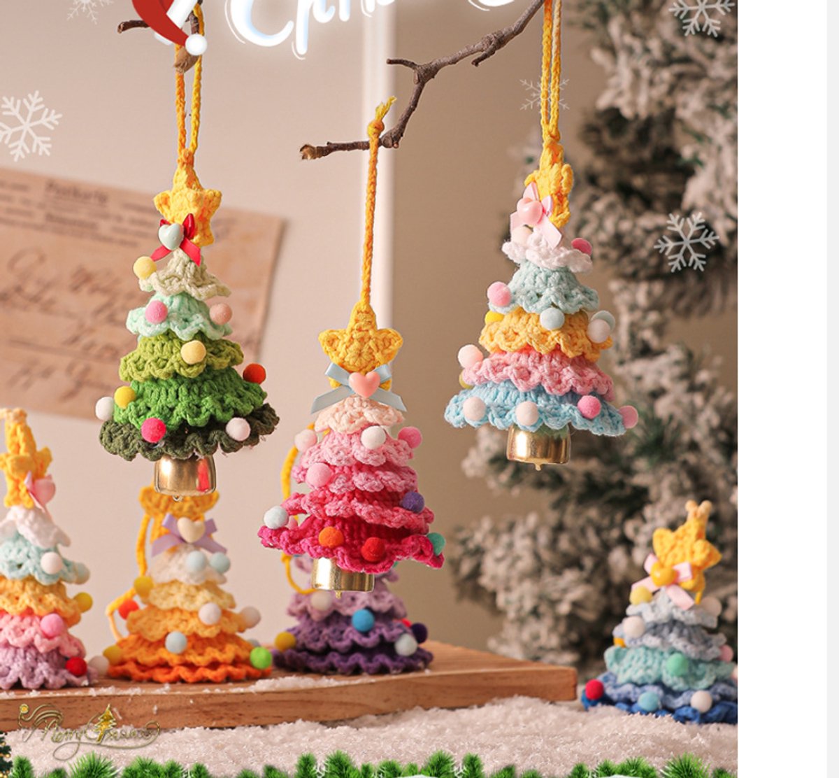 Christmas Decorations - Crochet Christmas Tree Bell Decorations - Small Christmas Decorations - Car Decorations - Style D