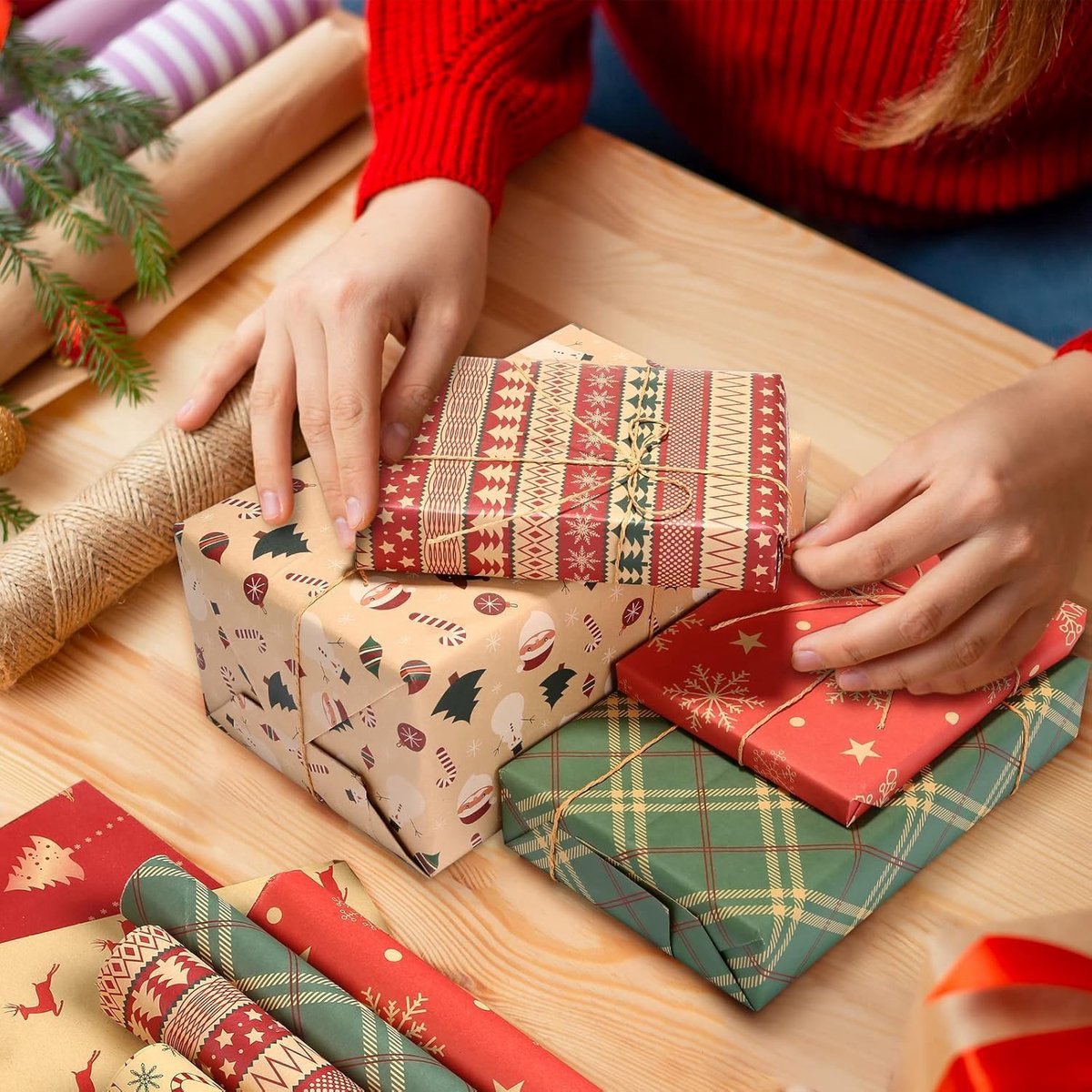 Gift Wrapping Paper - 6 sheets of kraft paper 70x50 cm - Complete set (straw, double-sided tape, stickers) - Gift wrapping paper set for birthdays, weddings and Christmas