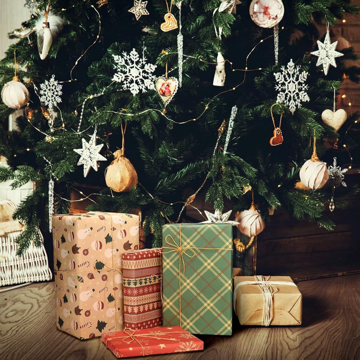 Gift Wrapping Paper - 6 sheets of kraft paper 70x50 cm - Complete set (straw, double-sided tape, stickers) - Gift wrapping paper set for birthdays, weddings and Christmas