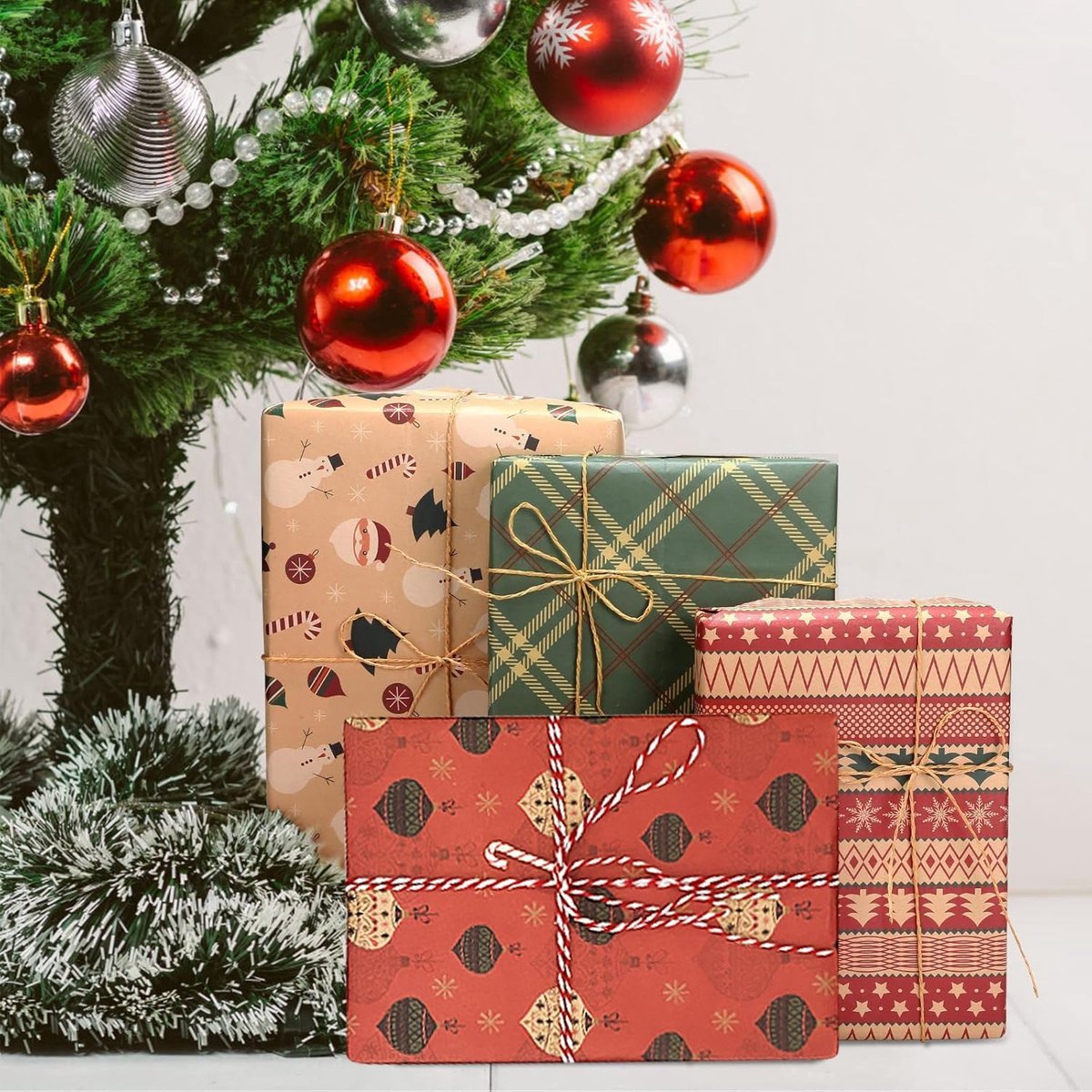 Gift Wrapping Paper - 6 sheets of kraft paper 70x50 cm - Complete set (straw, double-sided tape, stickers) - Gift wrapping paper set for birthdays, weddings and Christmas