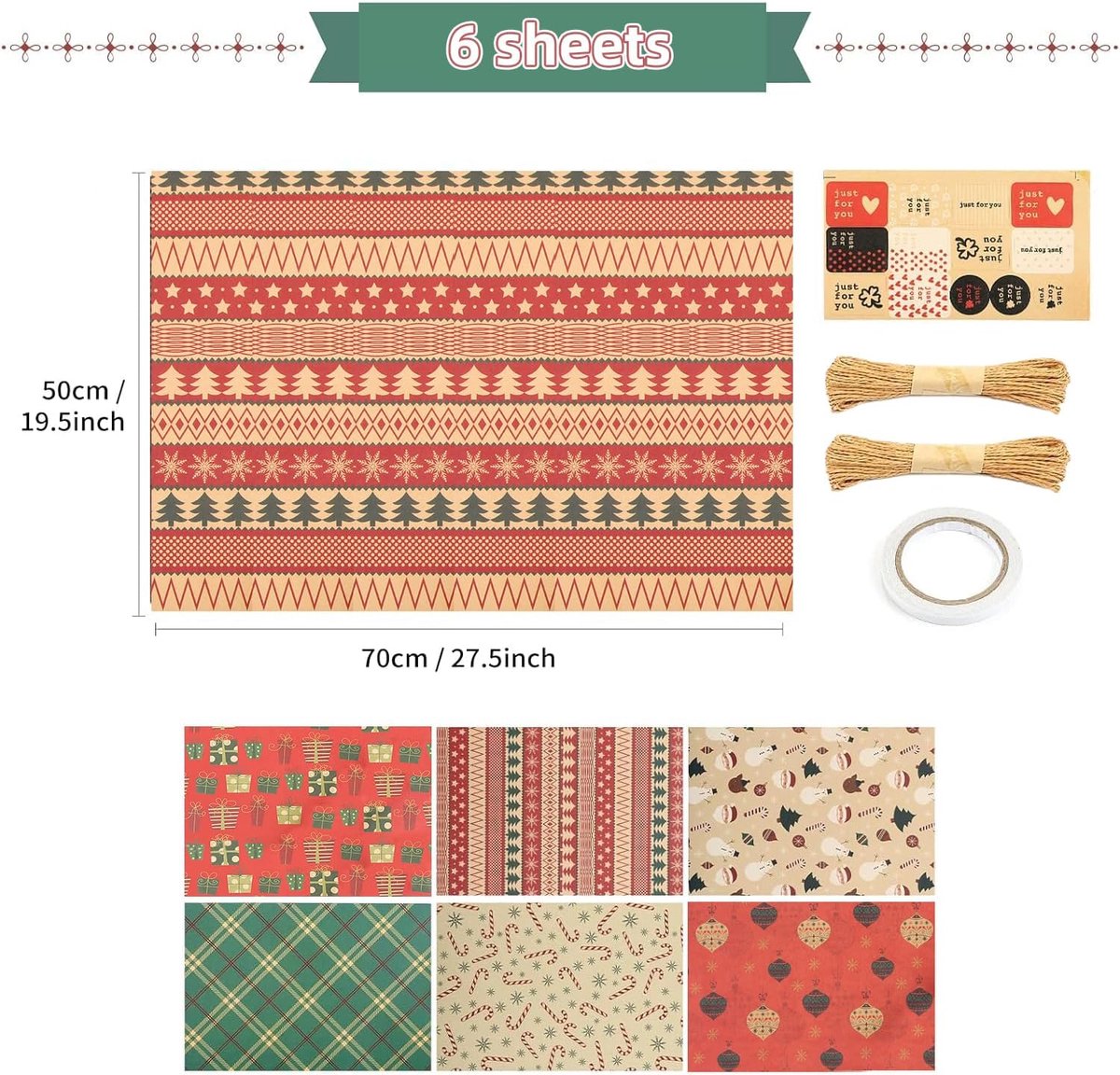 Gift Wrapping Paper - 6 sheets of kraft paper 70x50 cm - Complete set (straw, double-sided tape, stickers) - Gift wrapping paper set for birthdays, weddings and Christmas