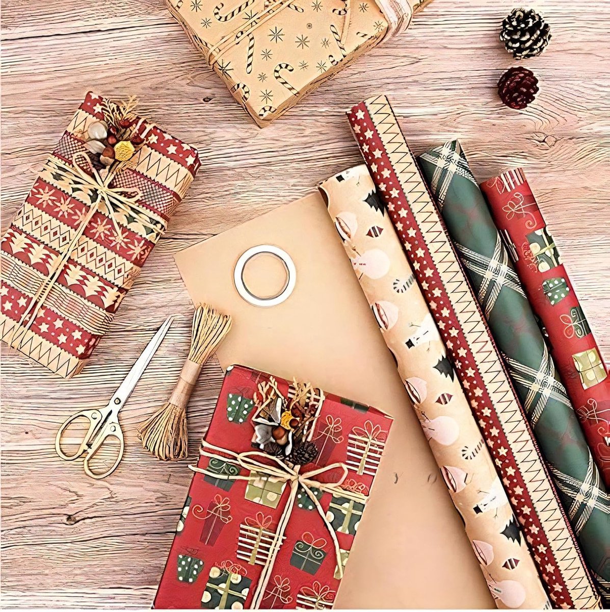 Gift Wrapping Paper - 6 sheets of kraft paper 70x50 cm - Complete set (straw, double-sided tape, stickers) - Gift wrapping paper set for birthdays, weddings and Christmas
