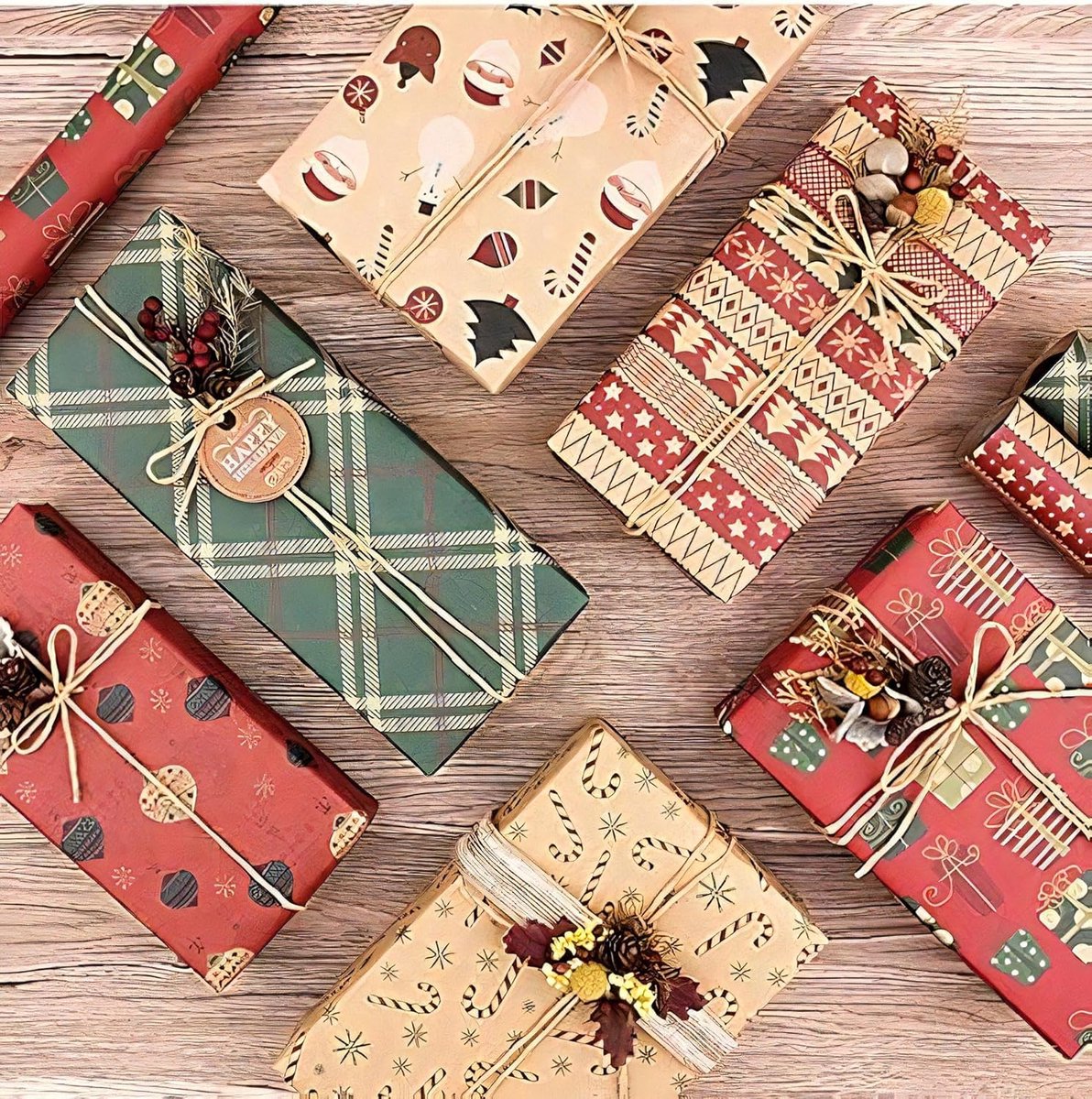 Gift Wrapping Paper - 6 sheets of kraft paper 70x50 cm - Complete set (straw, double-sided tape, stickers) - Gift wrapping paper set for birthdays, weddings and Christmas