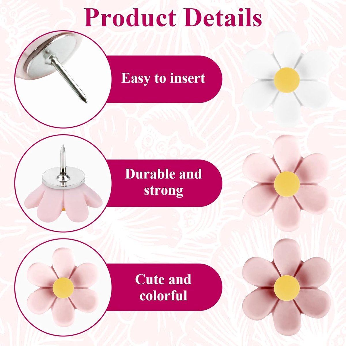 Push Pins - 30 pieces - Flower-shaped push pins - Flower pins for notice boards - Pin board pins - Decorative push pins - Suitable for notice boards, offices, schools and home use.