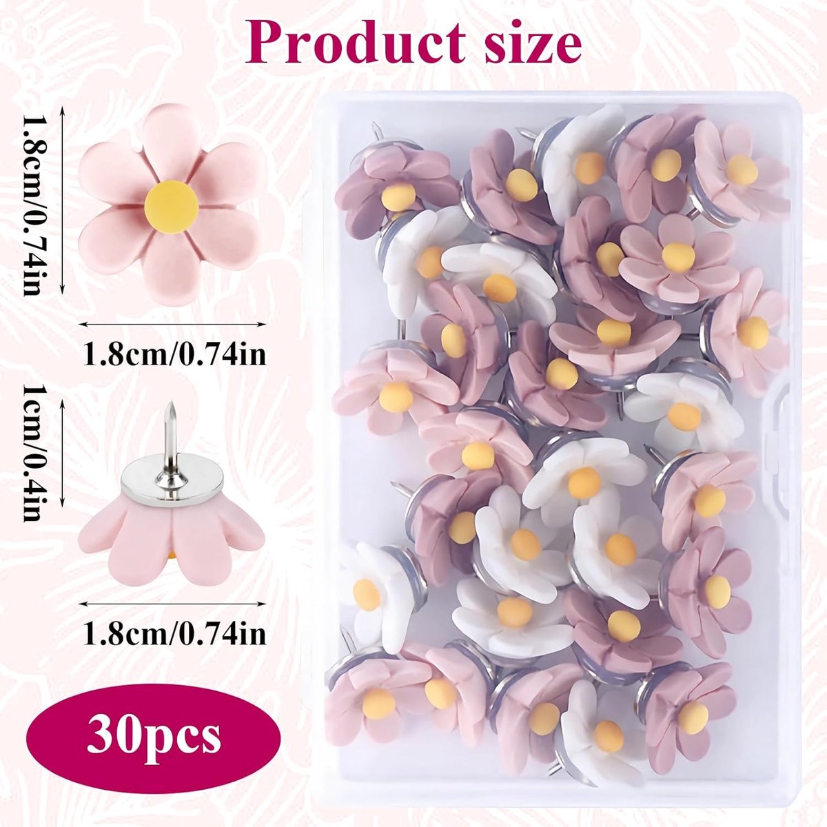 Push Pins - 30 pieces - Flower-shaped push pins - Flower pins for notice boards - Pin board pins - Decorative push pins - Suitable for notice boards, offices, schools and home use.