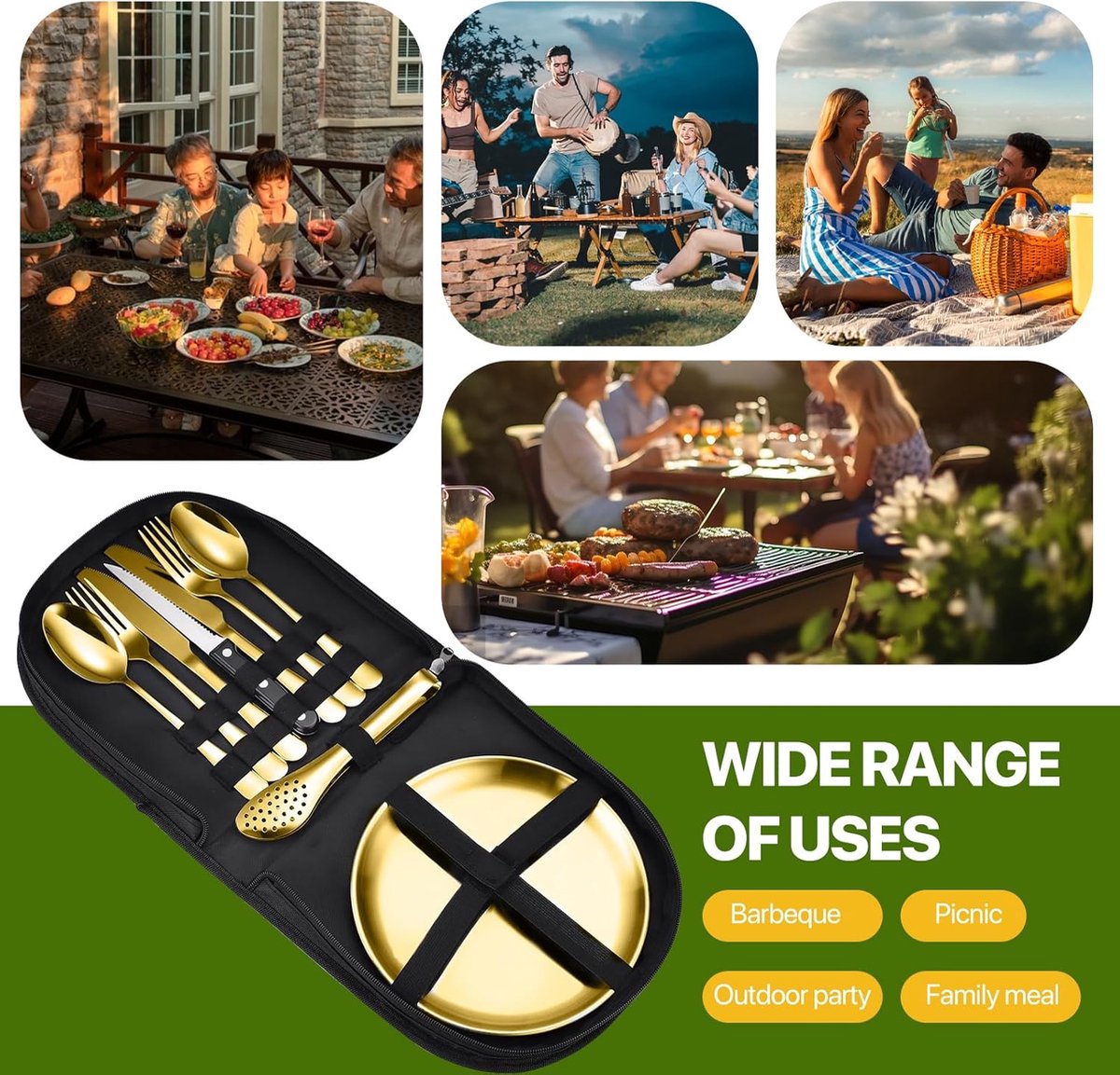 2 Person Cutlery Set (10-piece) - Camping Set for 2 People - Spoons, Knives, Forks, Steak Knives - 10 Pieces Stainless Steel Cutlery - Including Carrying Bag - For Picnic & Travel - Gold