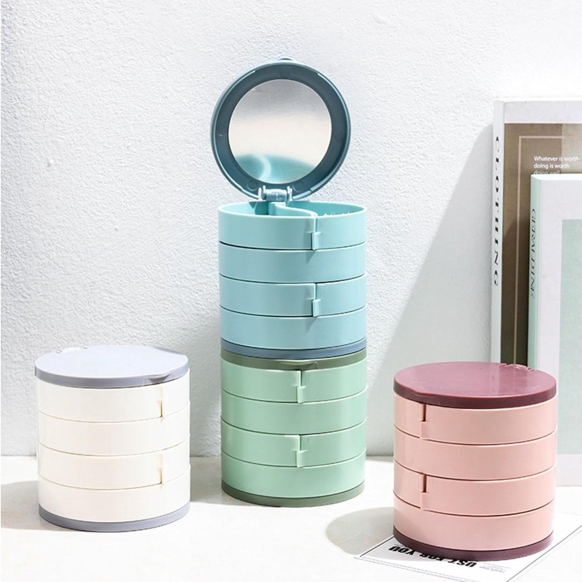 Jewelry Box - Foldable Storage Box - Rotating Jewelry Box with Multiple Layers - Elegant Storage Box for Earrings - Dust-free and Compact - Suitable for Earrings and Jewelry (Pink)