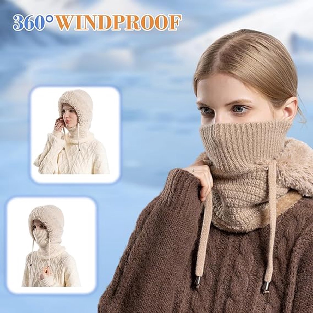 3-in-1 Insulated Hat, Scarf & Face Mask - Ski Face Mask - Warm Knitted Windproof Headband/Scarf for Autumn/Winter - Suitable for Skiing, Hiking and Other Outdoor Sports - Beige
