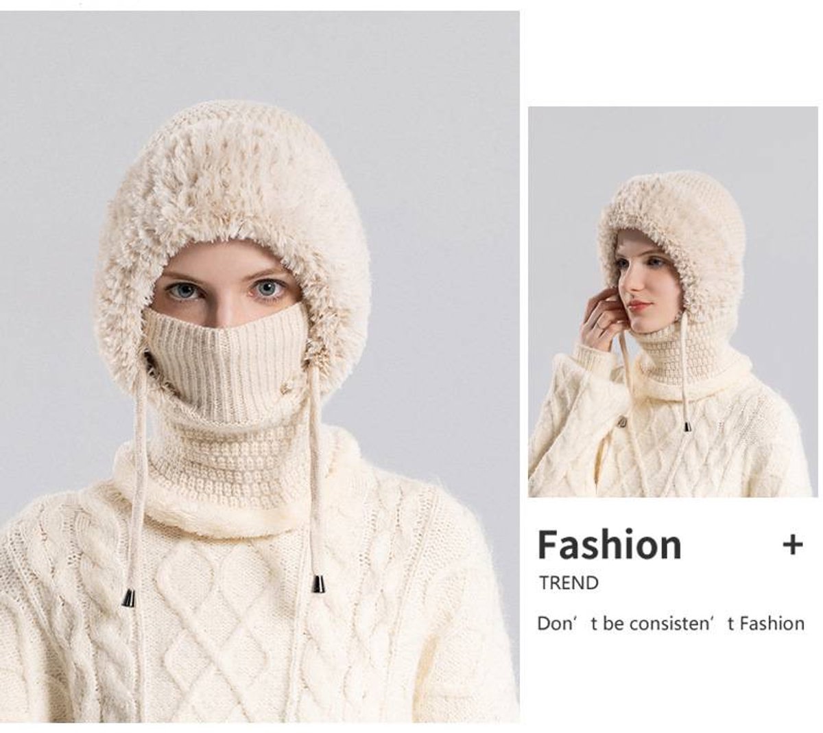 3-in-1 Insulated Hat, Scarf & Face Mask - Ski Face Mask - Warm Knitted Windproof Headband/Scarf for Autumn/Winter - Suitable for Skiing, Hiking and Other Outdoor Sports - Beige