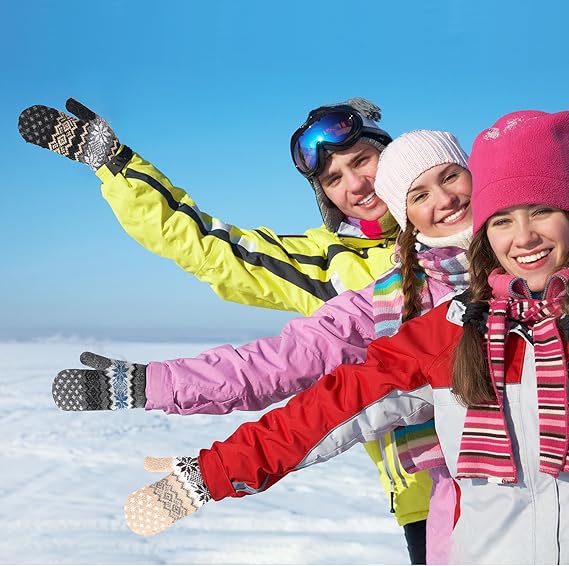 Pack of 3 pairs - Warm winter gloves for women - Extra thick - Knitted imitation - Suitable for cold winter weather (style E)