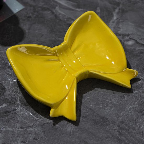 Bow Soap Dish - Ceramic Soap Organizer with Pink Bow - Bathroom Decor, Sponge Holder for Sink, Jewelry Storage Box, Bathroom Countertop Accessories (Yellow)