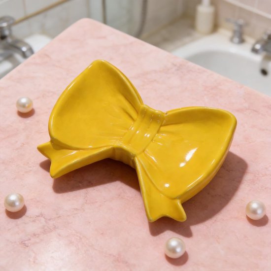 Bow Soap Dish - Ceramic Soap Organizer with Pink Bow - Bathroom Decor, Sponge Holder for Sink, Jewelry Storage Box, Bathroom Countertop Accessories (Yellow)