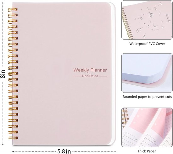 Weekly planner - Notebook for weekly to-do list - With goals and habit tracker - A5 format - Spiral binding - Unisex (Pink, Type A)