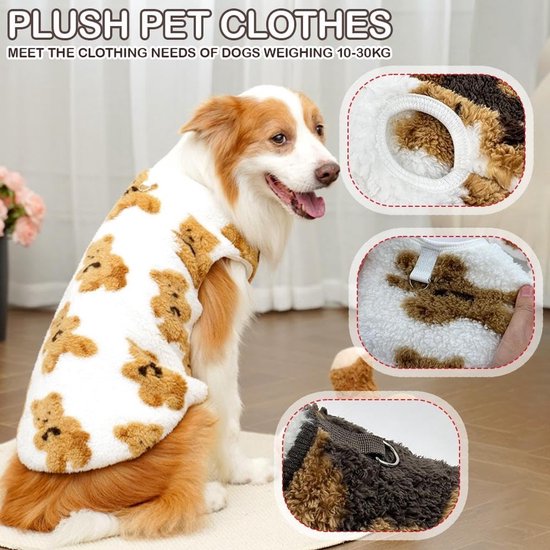 Dog Coat - Cute Bear Pattern - Plush Dog Vest - Winter Dog Coats - Dog Coat - Suitable for medium to large dogs weighing 20-25 kg - White