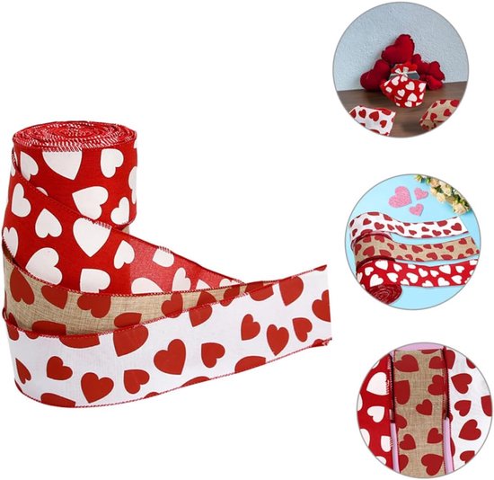 Valentine's Day Ribbons - 3 Rolls - Handmade Ribbons - Heart Pattern - Natural Texture - Suitable for wrapping flowers and party decorations （1m）