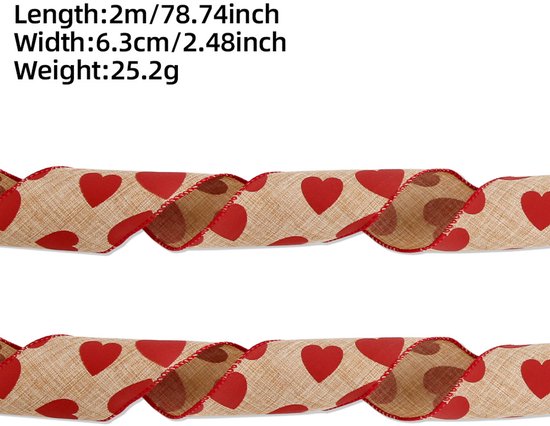 Valentine's Day Ribbons - 3 Rolls - Handmade Ribbons - Heart Pattern - Natural Texture - Suitable for wrapping flowers and party decorations （2m）